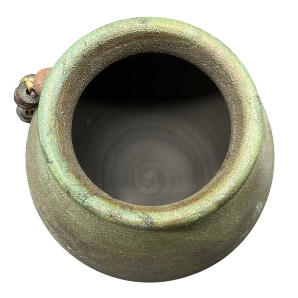 Handcrafted Raku Ceramic Vase With Beaded Feather Decor Signed Jeremy Diller 6"H - Picture 5 of 6